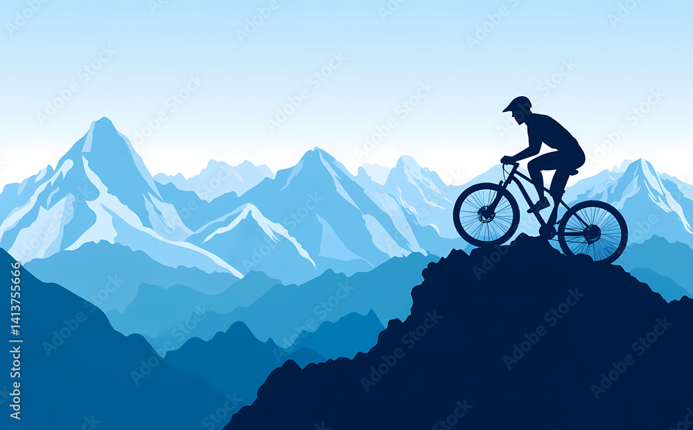Fototapeta premium Mountain Biking Adventure: A silhouette of a cyclist on a mountain bike fearlessly navigates a challenging trail amidst towering, blue-hued mountain peaks.