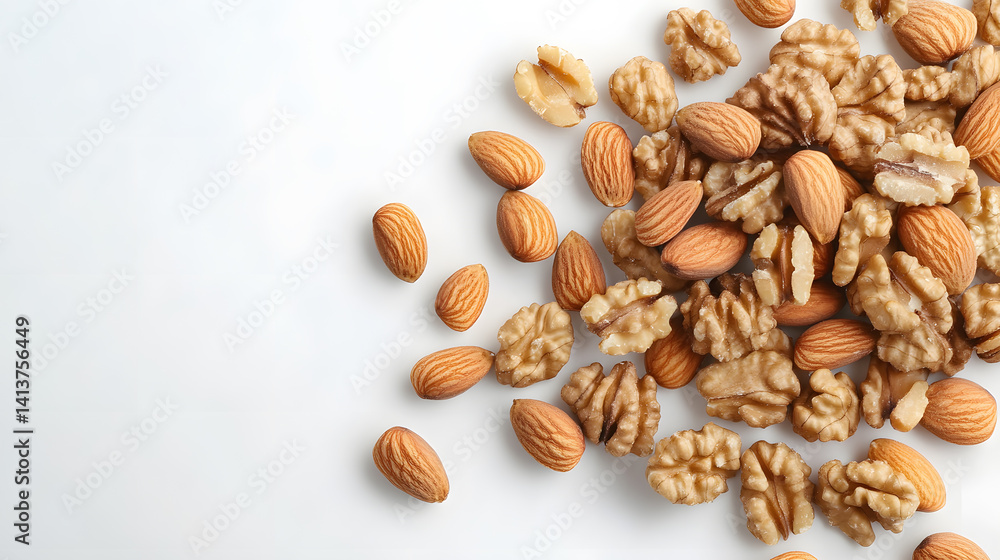 handful of almonds and walnuts scattered on white background, showcasing healthy snack option