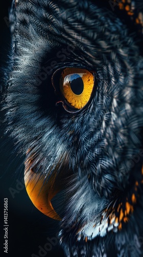 Close-up owl eye, dark background, wildlife detail