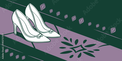 Hand drawn vector illustration of fashionable shoes, a stylish footwear pair against purple foil dark green background vector illustration.