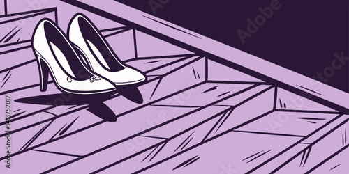 Hand drawn vector illustration of fashionable shoes, a stylish footwear pair against purple foil dark black background vector illustration.