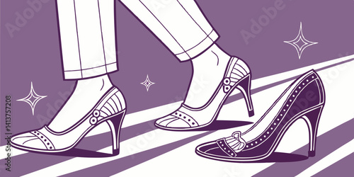 Hand drawn vector illustration of fashionable shoes, a stylish footwear pair against purple foil background vector illustration.
