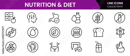 Vector illustration web line icon collection showcasing nutrition and diet concepts—balanced meals, food pyramid, calories, vitamins, healthy eating, meal plans, and portion control.