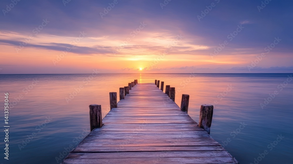 Obraz premium Tranquil sunrise pier, ocean calmness, pastel sky, peaceful meditation scene