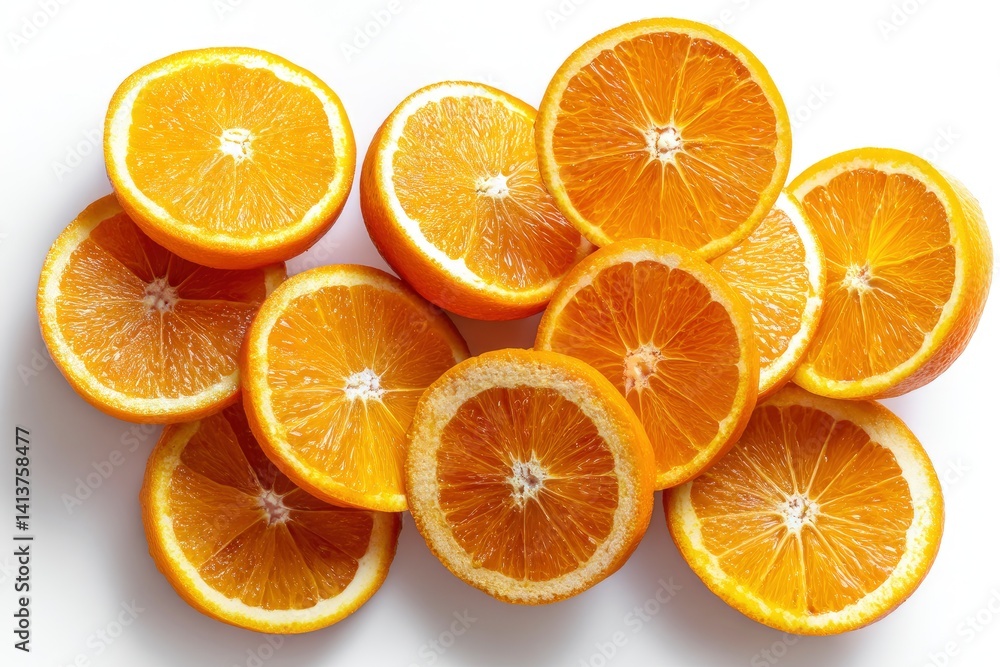 Pile of Bright Orange Fruit Slices on White Background Overhead View Pile of Bright Orange Fruit Slices on White Background Overhead View