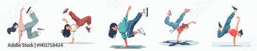 Vector collection of male and female dancers performing hip-hop moves on paper