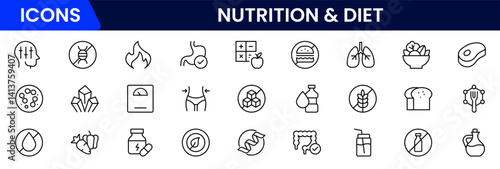 Vector illustration web line icon collection showcasing nutrition and diet concepts—balanced meals, food pyramid, calories, vitamins, healthy eating, meal plans, and portion control.