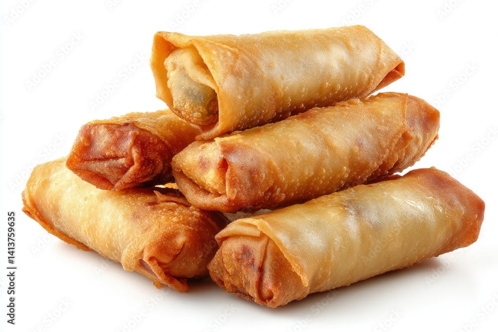 Stack of Crispy Spring Rolls Appetizers on White Background Close-up Stack of Crispy Spring Rolls Appetizers on White Background Close-up