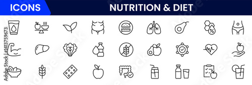 Vector illustration web line icon collection showcasing nutrition and diet concepts—balanced meals, food pyramid, calories, vitamins, healthy eating, meal plans, and portion control.
