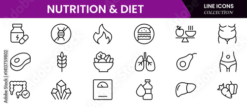 Vector illustration web line icon collection showcasing nutrition and diet concepts—balanced meals, food pyramid, calories, vitamins, healthy eating, meal plans, and portion control.