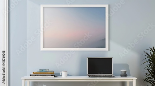 Wallpaper Mural A white rectangular frame mounted in a modern hallway above a console table with a coffee cup, a laptop, and books.  Torontodigital.ca