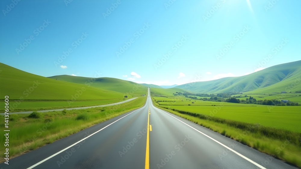 Endless Road Through Green Hills Under Clear Blue Sky - A Tranquil Rural Landscape Endless Road Through Green Hills Under Clear Blue Sky - A Tranquil Rural Landscape