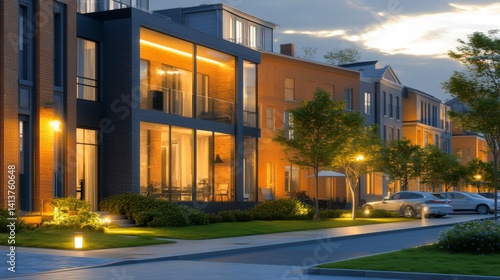 Modern residential street at twilight showcasing stylish homes, warm lighting, and serene ambiance for urban living