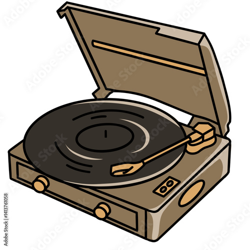 Turntable Vinyl Player Music Instrument Illustration for Concert Design, Band Performance, and Musical Education in Cartoon Style