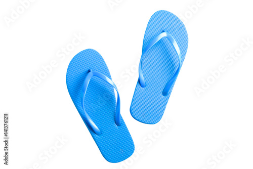 Cuadro en lienzo Blue flip flops ideal for beach trips and summer outings, isolated on white, PNG