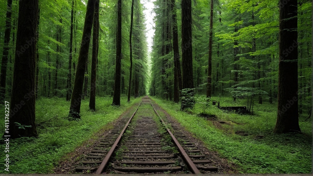Fototapeta premium Enchanted Forest Pathway: Railway Tracks Disappear Into a Verdant Tunnel of Towering Trees, Evoking a Sense of Mystery and Natural Beauty.