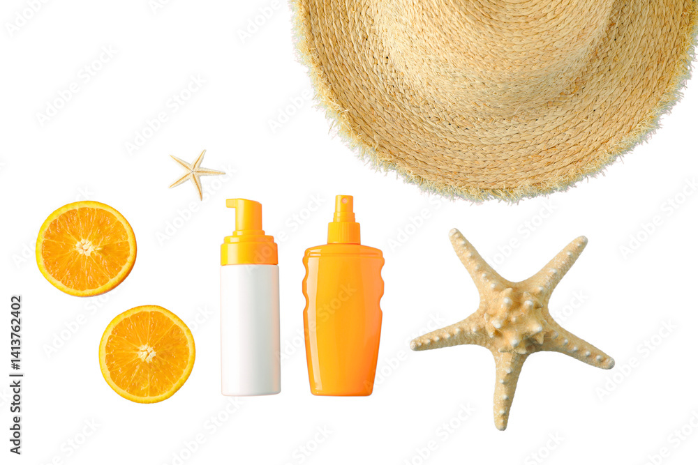 Sunscreen bottles and summer items arranged for a beach getaway, isolated on white, PNG