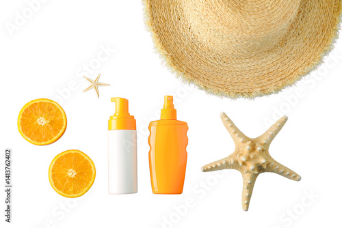 Obraz na płótnie Sunscreen bottles and summer items arranged for a beach getaway, isolated on white, PNG w salonie