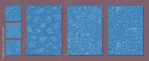 Seamless underwater pattern in outline style set. Marine life silhouettes show fish, aquatic creatures, and ocean elements. This set features doodle design, creating a clean and textured background