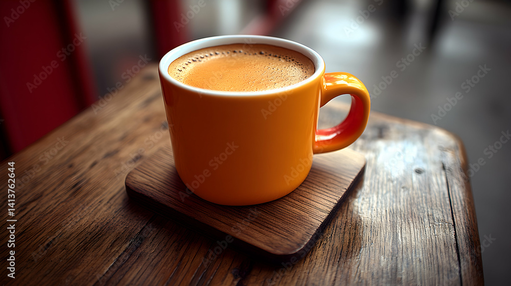 Obraz premium Aromatic coffee in an orange mug on a rustic wooden table. Perfect for cafe, breakfast, or morning routine themes.