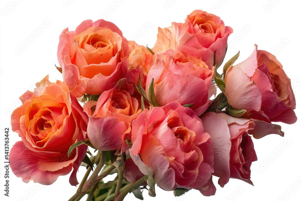 Cluster of Salmon Colored Roses Blooming with Isolated White Background Cluster of Salmon Colored Roses Blooming with Isolated White Background
