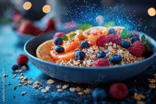 Bowl of fruit and granola topped with a sprinkle of powder.