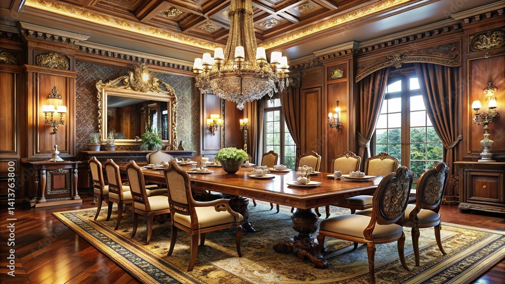 Luxurious Dining Room, Ornate Details, Large Table Luxurious Dining Room, Ornate Details, Large Table