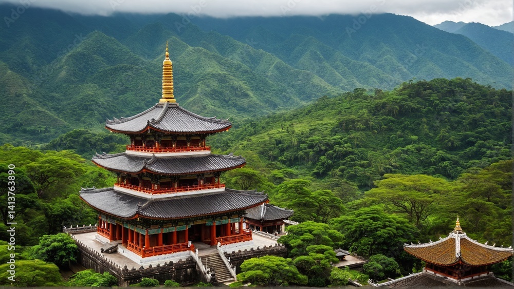 Serene Temple in Lush Greenery: A Tranquil Retreat Amidst Towering Mountains Under a Cloudy Sky. Serene Temple in Lush Greenery: A Tranquil Retreat Amidst Towering Mountains Under a Cloudy Sky.