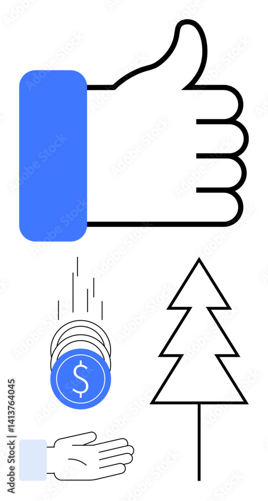 Thumbs-up hand, coins falling into an open hand, pine tree outline. Ideal for eco-friendliness, charity, donation, approval, sustainability, investment simple landing page Thumbs-up hand, coins falling into an open hand, pine tree outline. Ideal for eco-friendliness, charity, donation, approval, sustainability, investment simple landing page