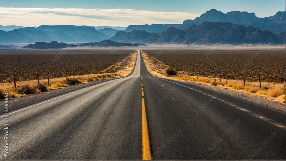 Fototapeta premium Endless Asphalt: A Journey Through the Desert Landscape, Where the Open Road Meets the Distant Mountain Ranges.