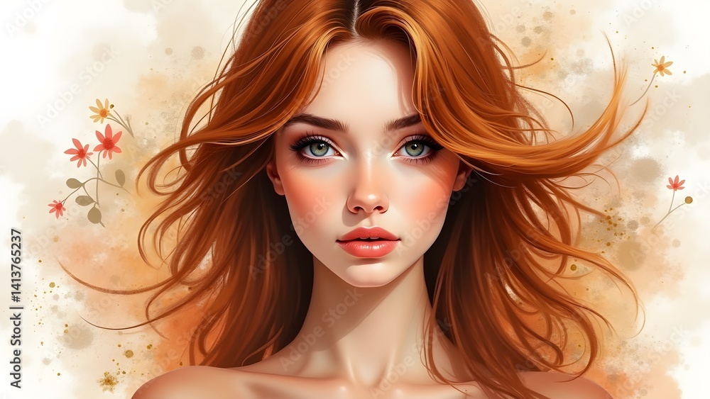 Fototapeta premium Beautiful redhead with flowing hair and floral accents, an elegant digital painting.