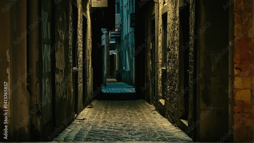 Fototapeta premium An eerie and captivating view down a shadowed alleyway in an old city, creating a sense of mystery and intrigue with historical buildings.
