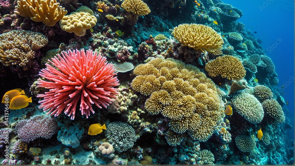 Obraz premium Vibrant Coral Reef Ecosystem Flourishing with Colorful Corals and Schools of Yellow Fish Underwater