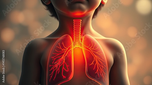 Child's respiratory system highlighted with glowing anatomical detail.