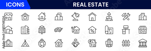 Vector illustration web line icon collection featuring real estate themes—property listings, house keys, contracts, location pins, home loans, buildings, investment, and architectural planning.