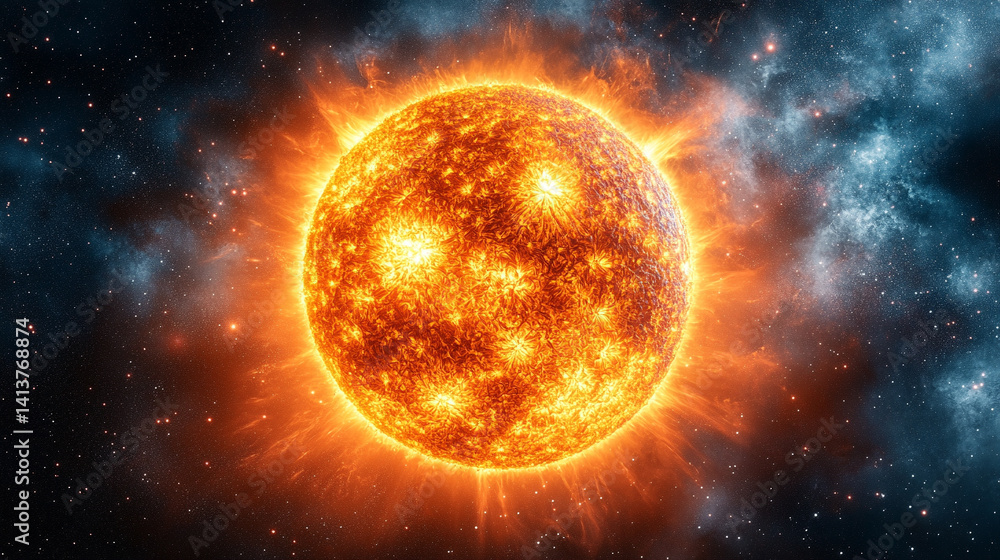 A holographic solar flare bursts in cosmic fireworks symbolizing energy transformation interstellar wonder and the fusion of futuristic technology with celestial power and universal mystery