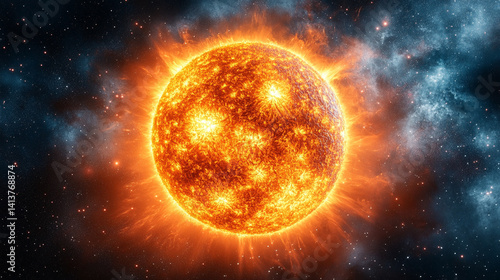 Obraz na płótnie A holographic solar flare bursts in cosmic fireworks symbolizing energy transformation interstellar wonder and the fusion of futuristic technology with celestial power and universal mystery
w salonie