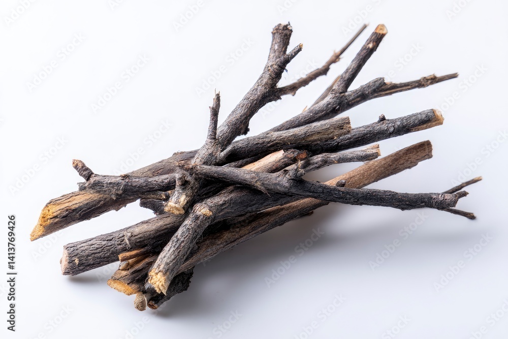 Fototapeta premium Pile of Dry Twigs and Branches for Firewood on White Background
