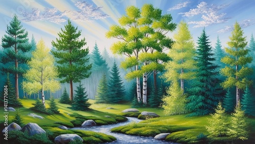 A serene and vibrant landscape, teeming with lush greenery, featuring varied species of trees with dense foliage