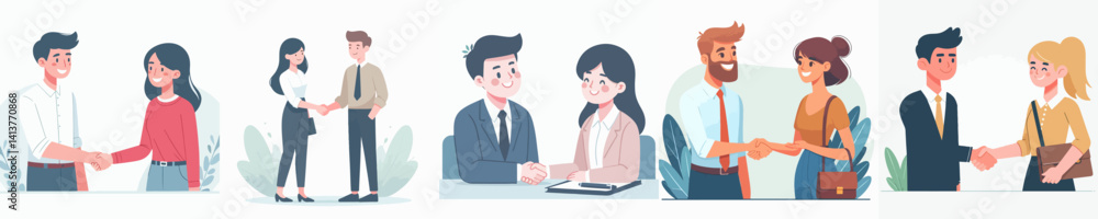 Vector collection of a couple of colleagues shaking hands while smiling in formal office clothes Vector collection of a couple of colleagues shaking hands while smiling in formal office clothes