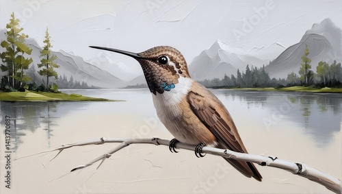 A stunning minimalist portrait of a wise colibrí, perched gracefully on a branch with its eyes wide open