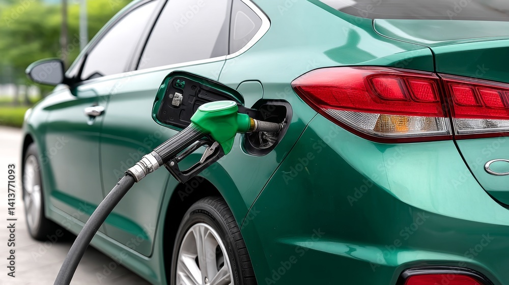 Fueling a Modern Green Car at a Gas Station in Daylight