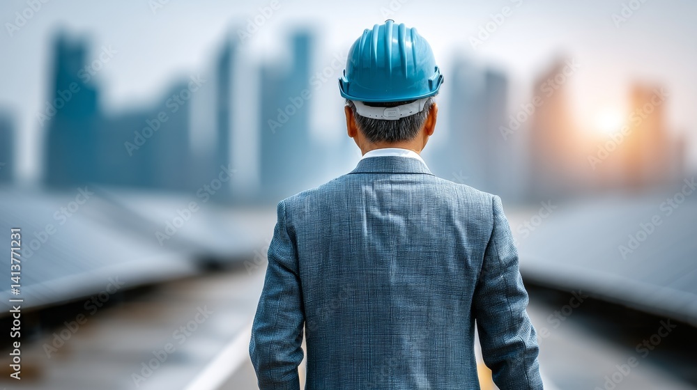 Businessman with Helmet Overlooking Solar Panels and City Skyline