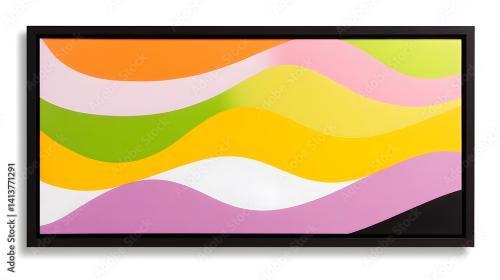 Obraz premium Abstract art with black frame, wavy lines in orange, pink, yellow, green, white, and purple