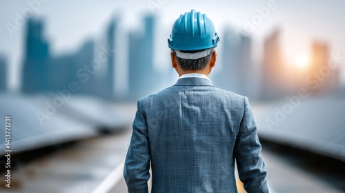 Obraz na płótnie Businessman with Helmet Overlooking Solar Panels and City Skyline w salonie