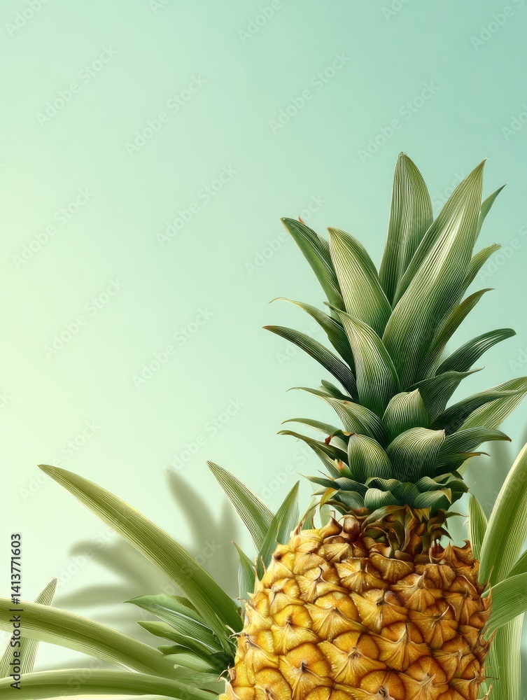 Obraz premium Pineapple Close-up with Green Leaves Against a Soft Background