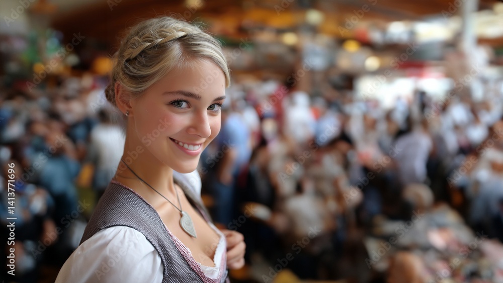 Porträt einer lächelnden jungen Frau in traditioneller Tracht auf dem Oktoberfest