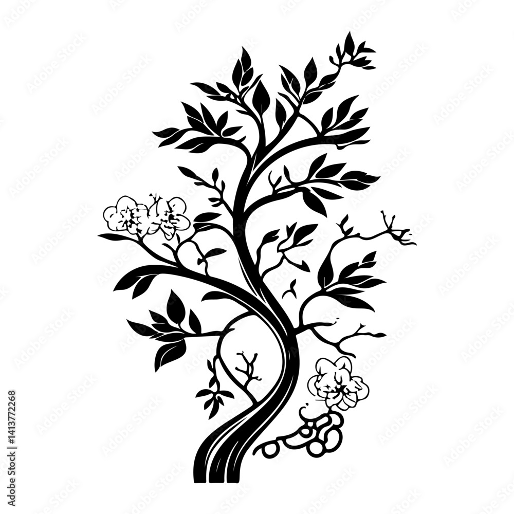 Obraz premium Stylized Silhouette of a Blossoming Tree Vector