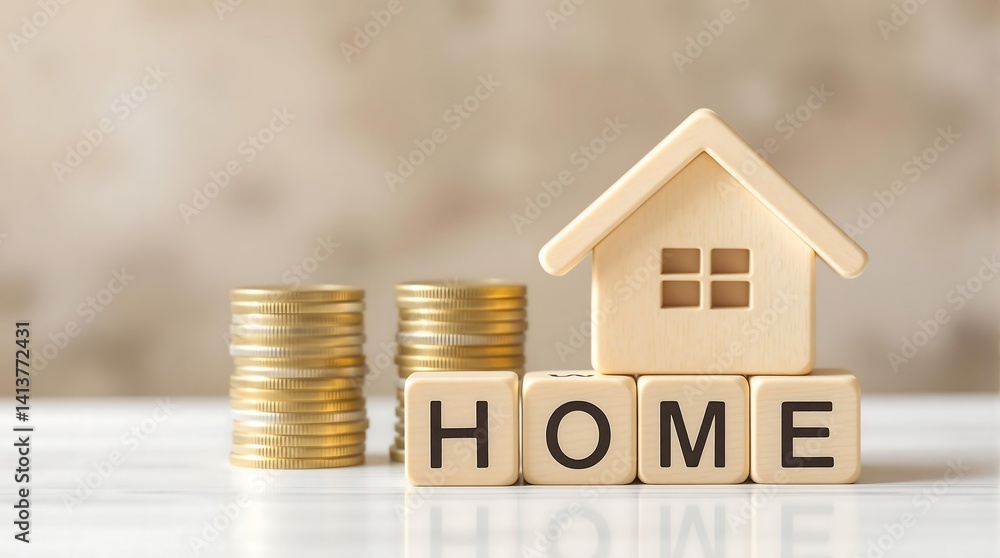 Wooden House Model with Coins Representing Home Investment and Savings Wooden House Model with Coins Representing Home Investment and Savings