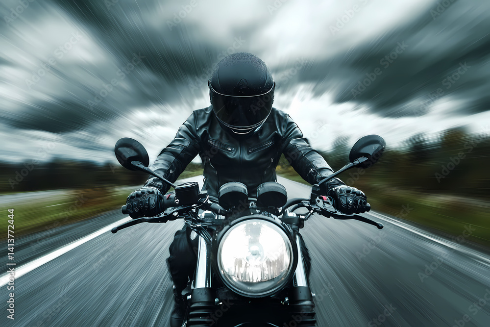 Fototapeta premium Motorcycle Rider in Motion: A lone motorcycle rider, clad in black attire, fearlessly speeds down a blurred road beneath an overcast sky, embracing the thrill of the ride and the open road.